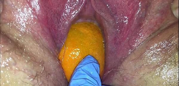  Tight pussy milf gets her pussy destroyed with a orange and big apple popping it out of her tight hole making her squirt